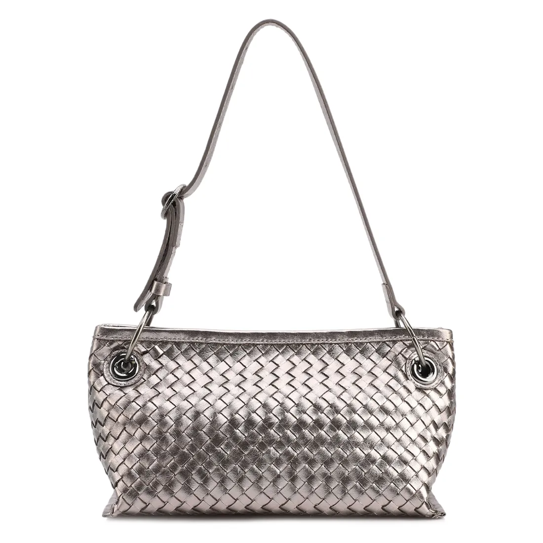 Bolsa Tote Grande Couro Prata Tressê Argola