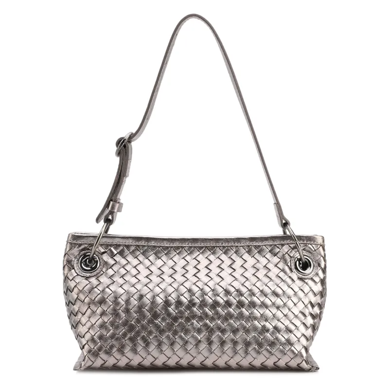 Bolsa Tote Grande Couro Prata Tressê Argola