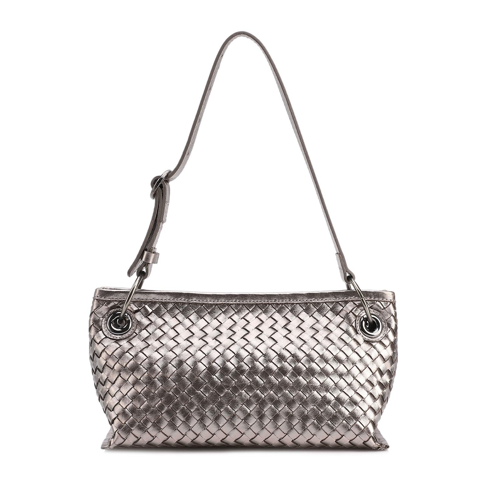 Bolsa Tote Grande Couro Prata Tressê Argola