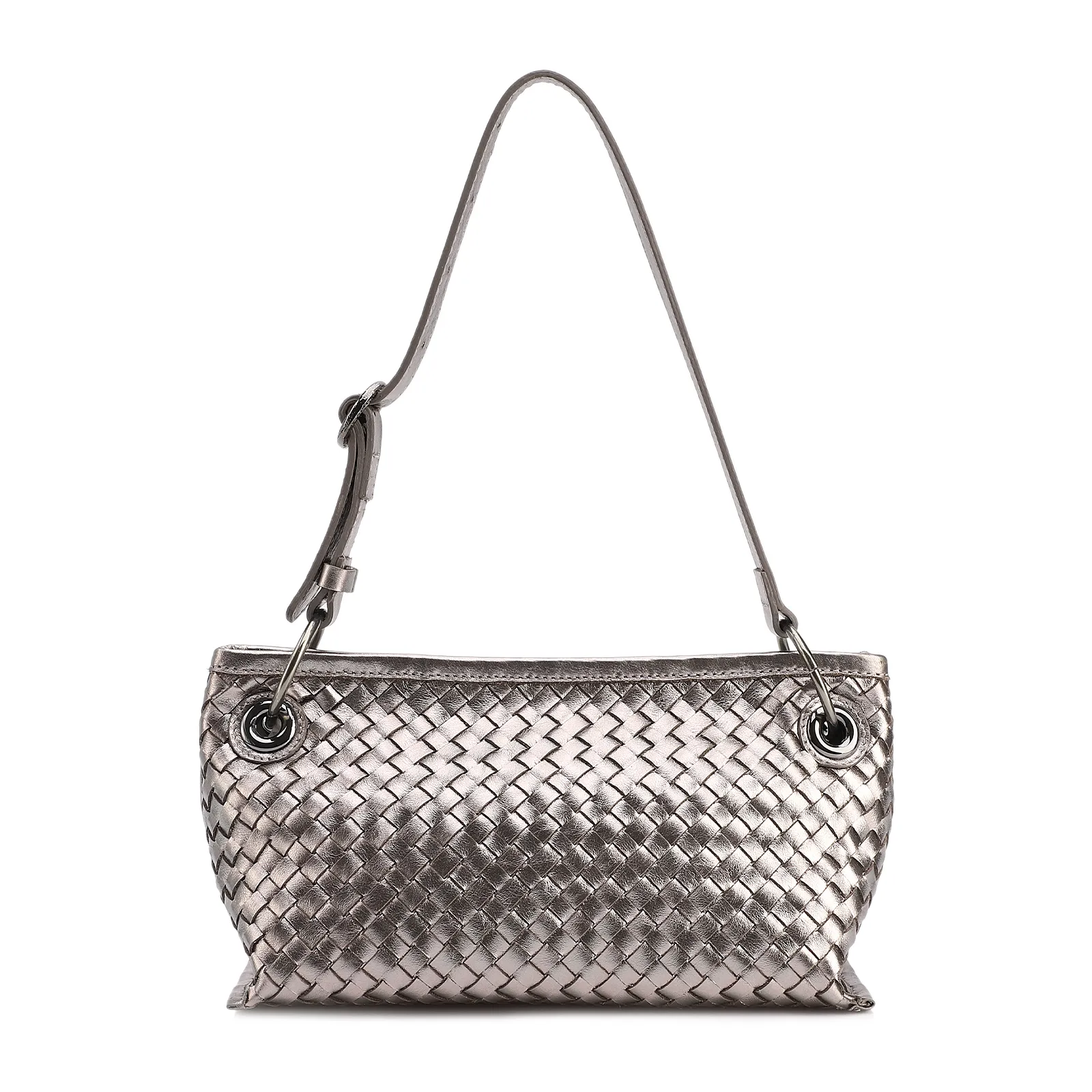 Bolsa Tote Grande Couro Prata Tressê Argola