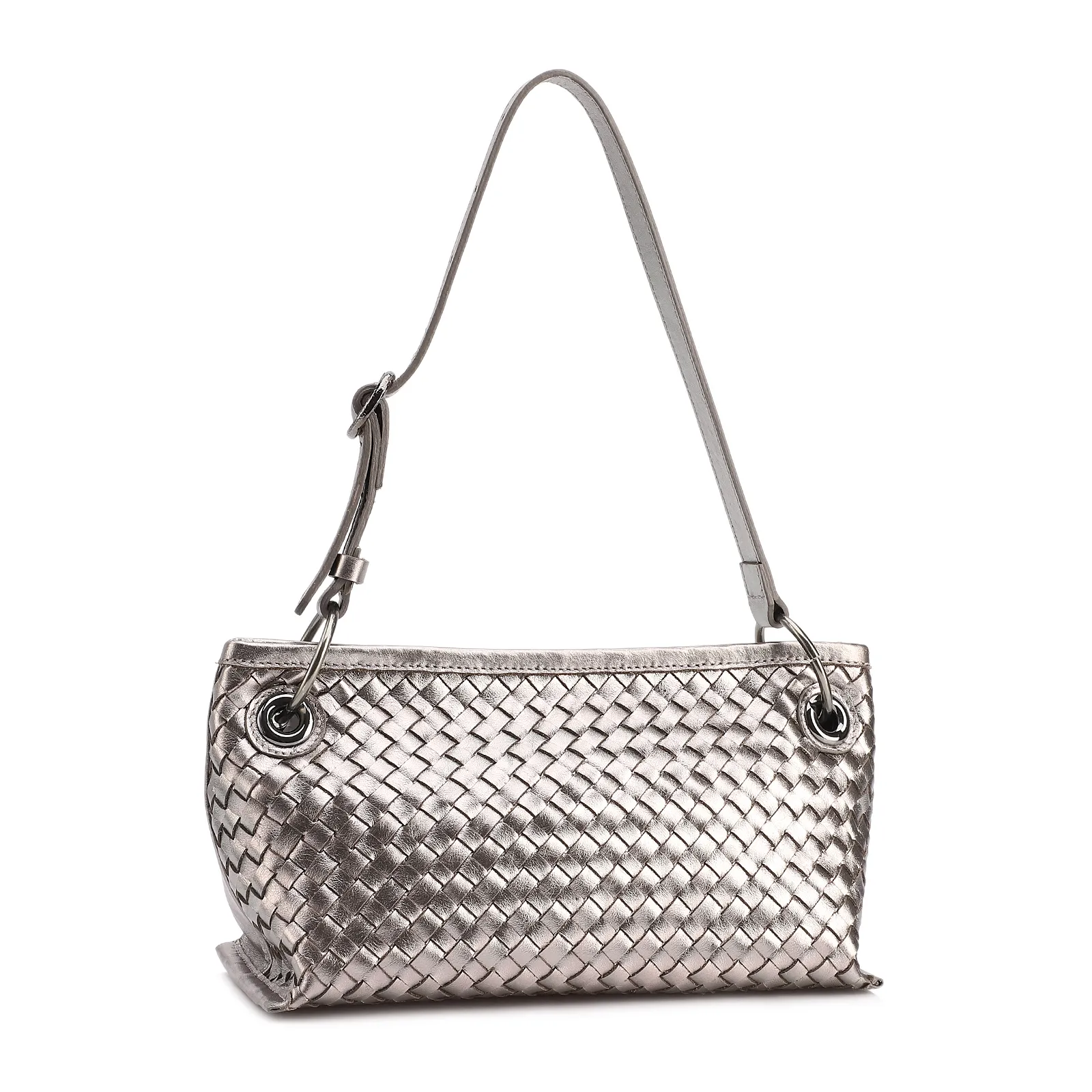 Bolsa Tote Grande Couro Prata Tressê Argola