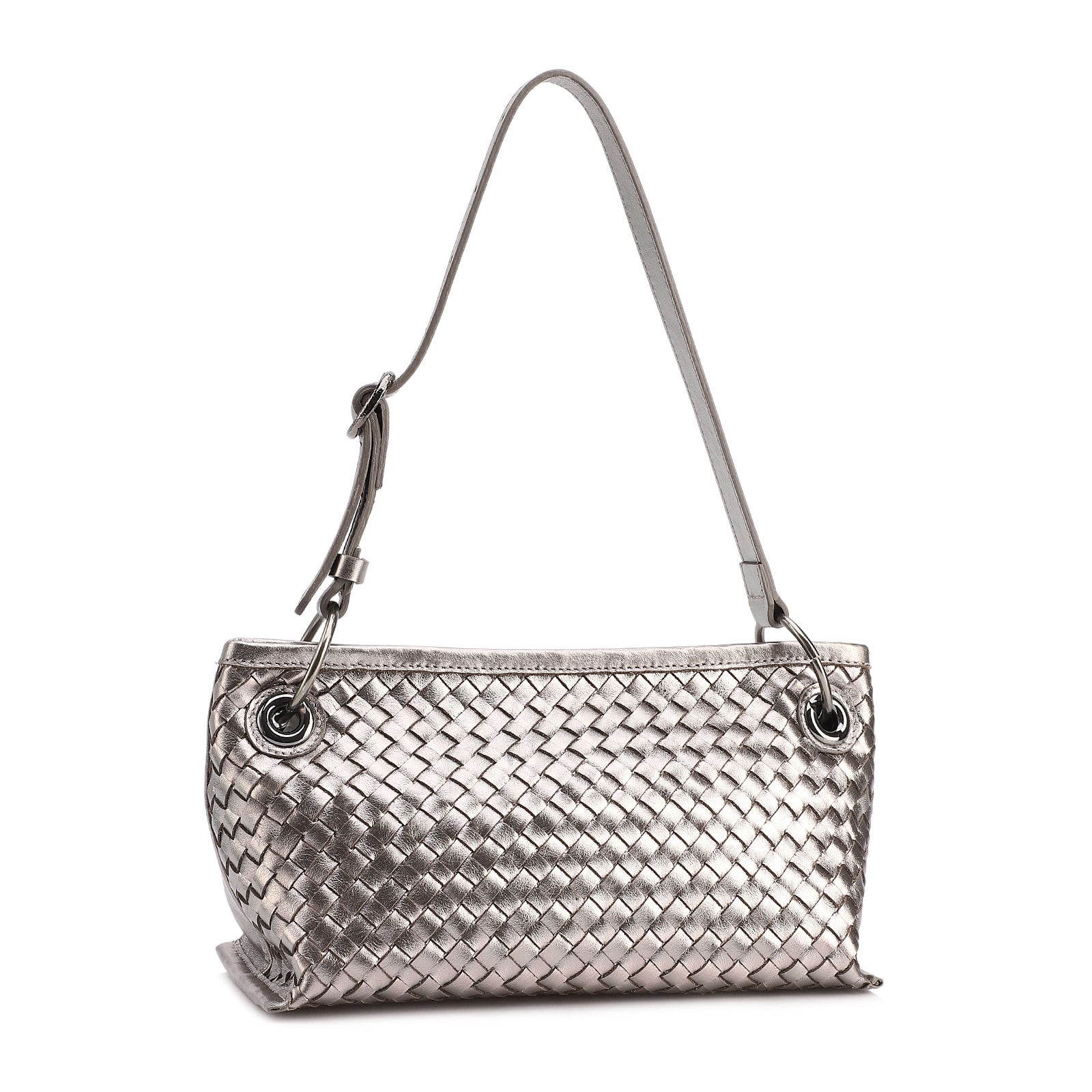 Bolsa Tote Grande Couro Prata Tressê Argola