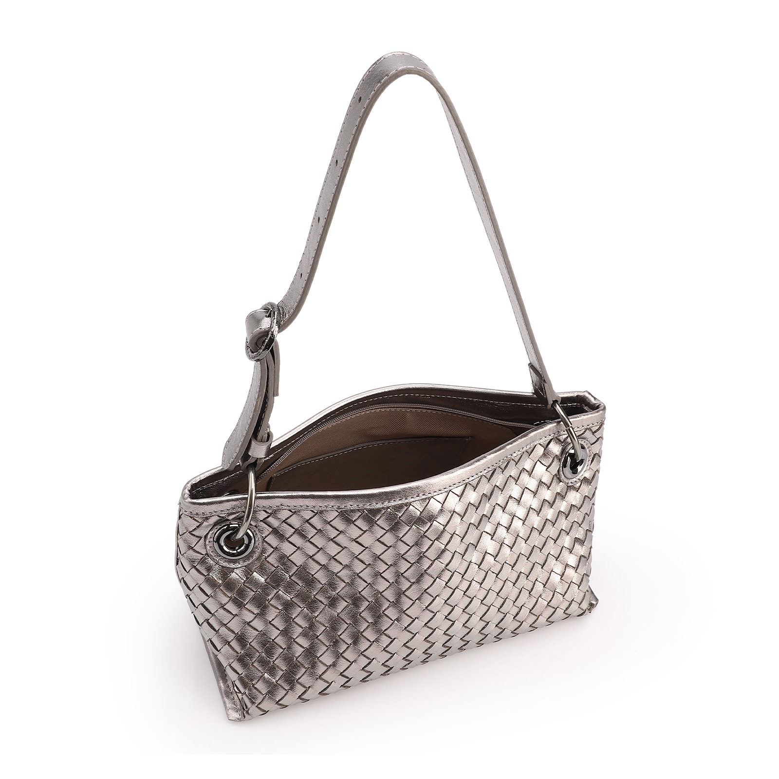 Bolsa Tote Grande Couro Prata Tressê Argola