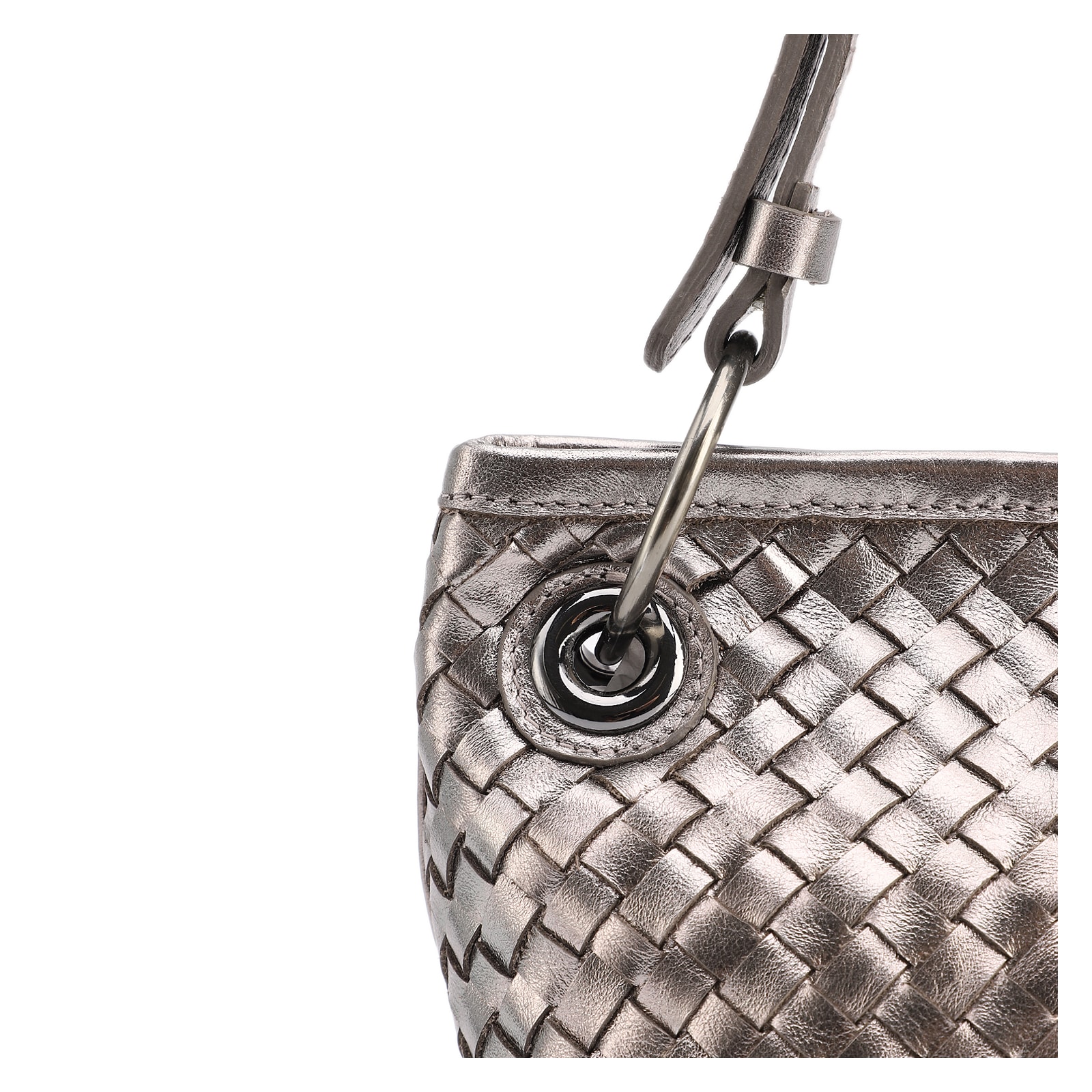 Bolsa Tote Grande Couro Prata Tressê Argola
