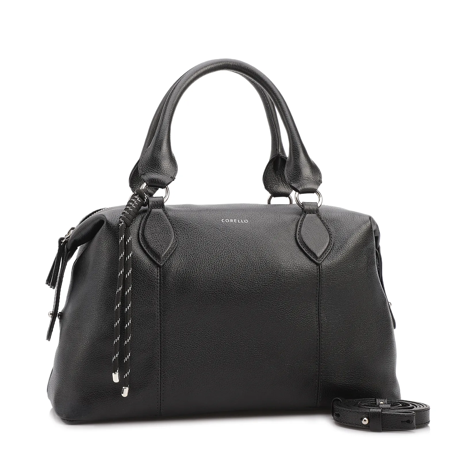 Bolsa Tote Grande Couro Preta Compartimentos