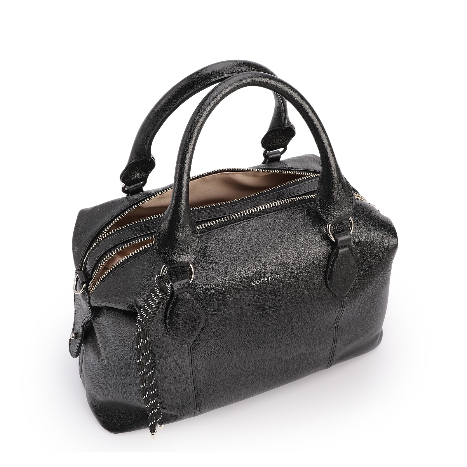 Bolsa Tote Grande Couro Preta Compartimentos