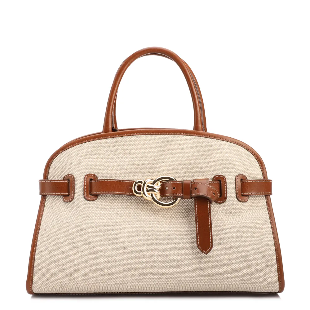 Bolsa Tote Grande Linho Bege Couro Marrom Claro Fivela Dourada