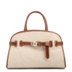 Bolsa Tote Grande Linho Bege Couro Marrom Claro Fivela Dourada - imagem 1