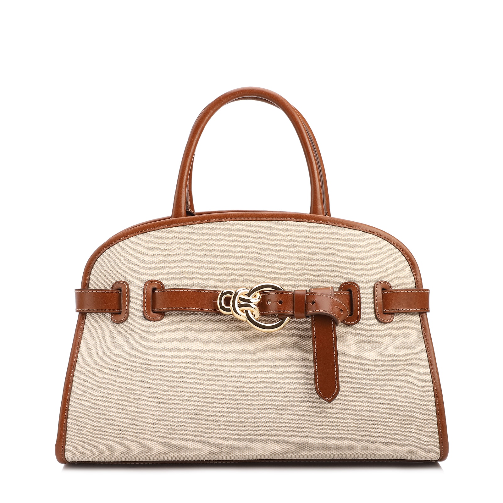 Bolsa Tote Grande Linho Bege Couro Marrom Claro Fivela Dourada