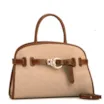 Bolsa Tote Grande Linho Bege Couro Marrom Claro Fivela Dourada - imagem 2