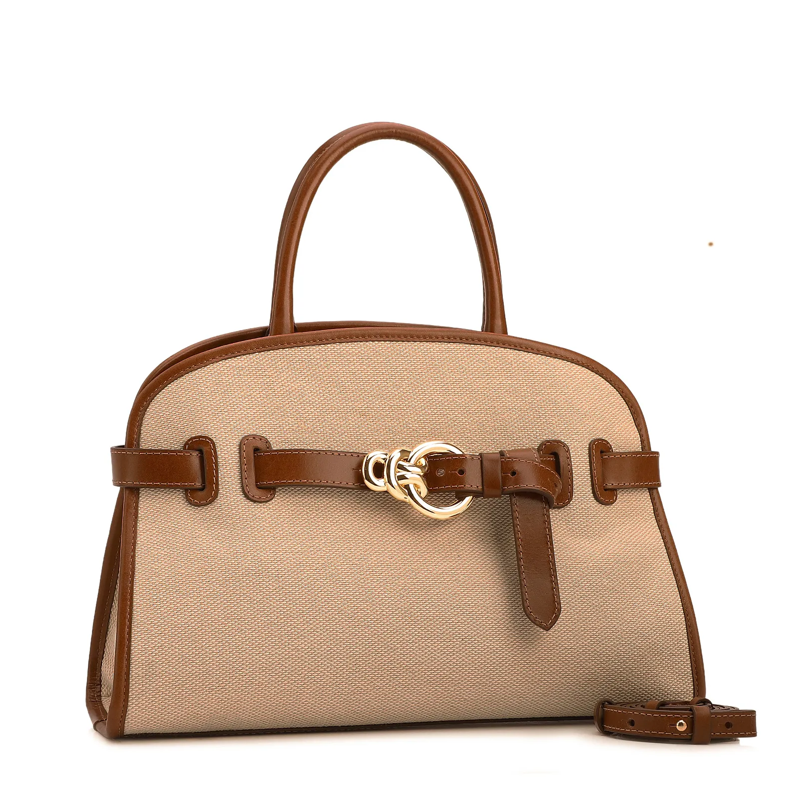 Bolsa Tote Grande Linho Bege Couro Marrom Claro Fivela Dourada