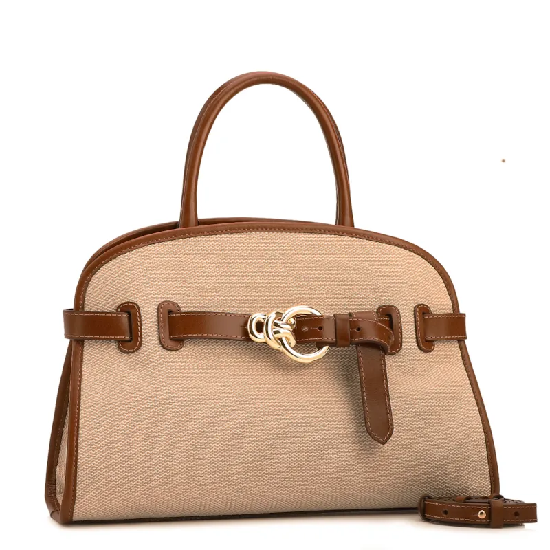 Bolsa Tote Grande Linho Bege Couro Marrom Claro Fivela Dourada - foto 2