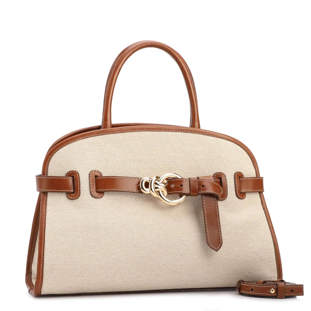 Bolsa Tote Grande Linho Bege Couro Marrom Claro Fivela Dourada - imagem 2