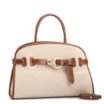 Bolsa Tote Grande Linho Bege Couro Marrom Claro Fivela Dourada - imagem 2