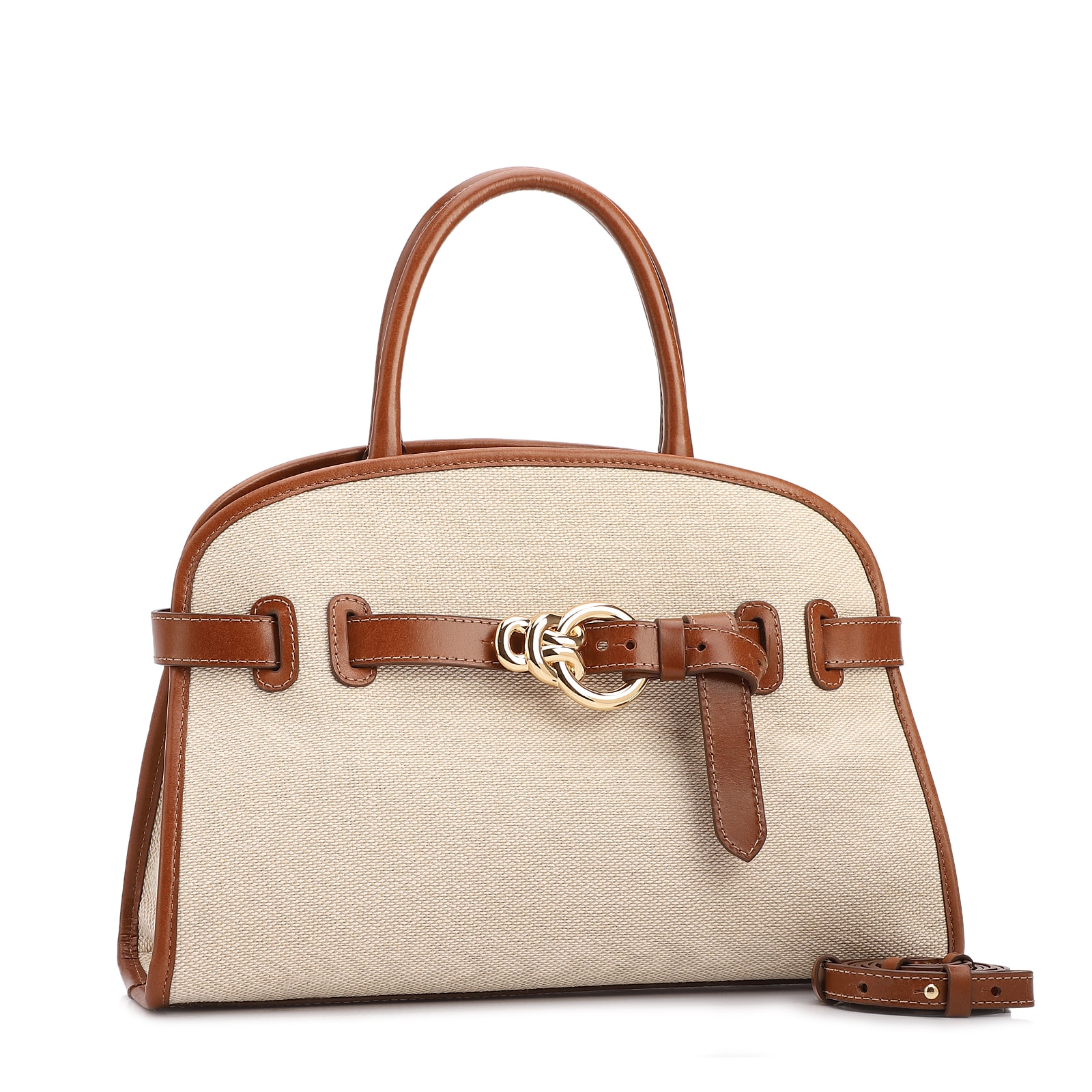 Bolsa Tote Grande Linho Bege Couro Marrom Claro Fivela Dourada