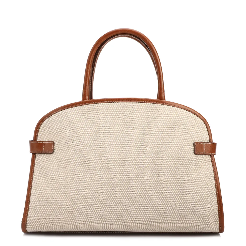 Bolsa Tote Grande Linho Bege Couro Marrom Claro Fivela Dourada - imagem 3