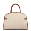 Bolsa Tote Grande Linho Bege Couro Marrom Claro Fivela Dourada - imagem 3