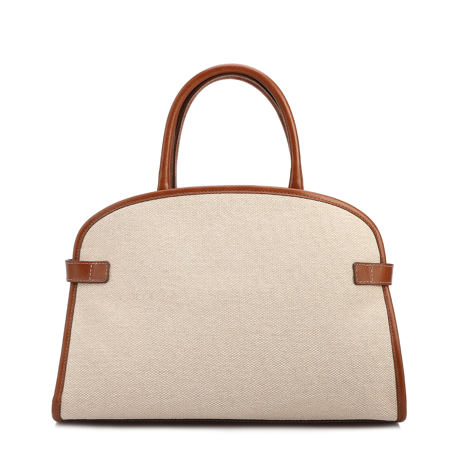 Bolsa Tote Grande Linho Bege Couro Marrom Claro Fivela Dourada