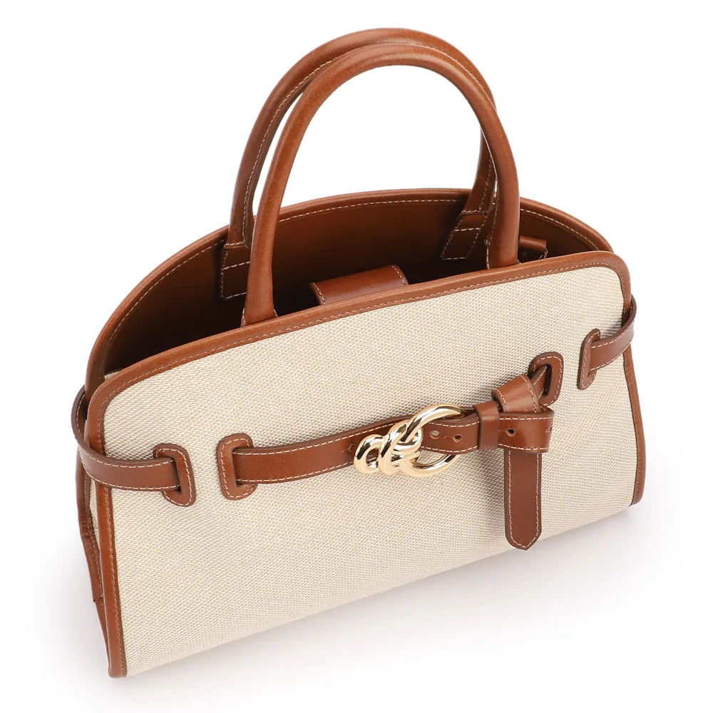 Bolsa Tote Grande Linho Bege Couro Marrom Claro Fivela Dourada - imagem 4
