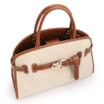 Bolsa Tote Grande Linho Bege Couro Marrom Claro Fivela Dourada - imagem 4