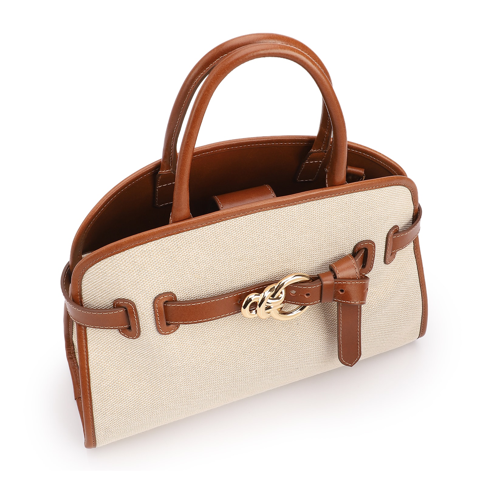 Bolsa Tote Grande Linho Bege Couro Marrom Claro Fivela Dourada