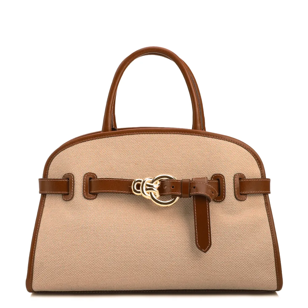 Bolsa Tote Grande Linho Bege Couro Marrom Claro Fivela Dourada