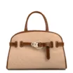 Bolsa Tote Grande Linho Bege Couro Marrom Claro Fivela Dourada - imagem 1