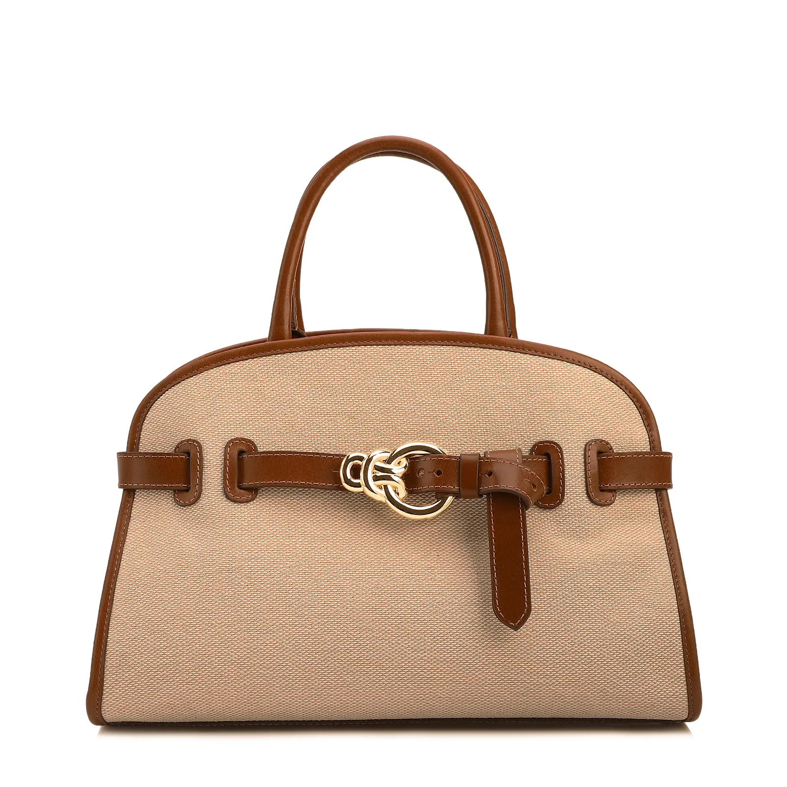 Bolsa Tote Grande Linho Bege Couro Marrom Claro Fivela Dourada
