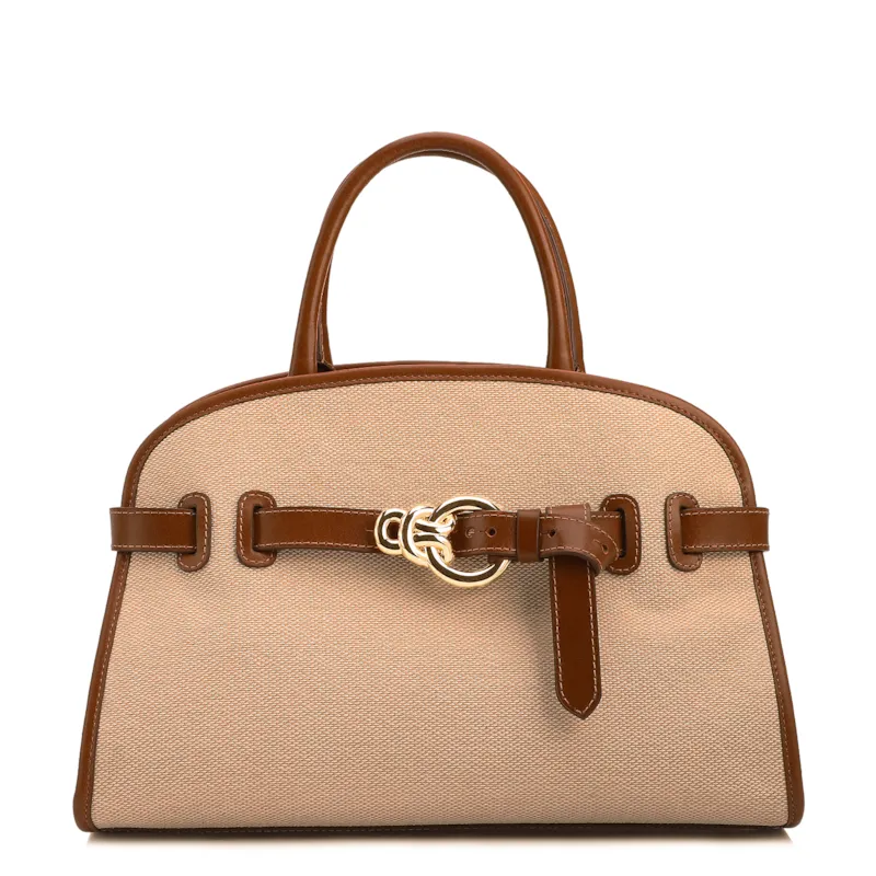 Bolsa Tote Grande Linho Bege Couro Marrom Claro Fivela Dourada