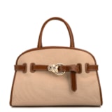 Bolsa Tote Grande Linho Bege Couro Marrom Claro Fivela Dourada