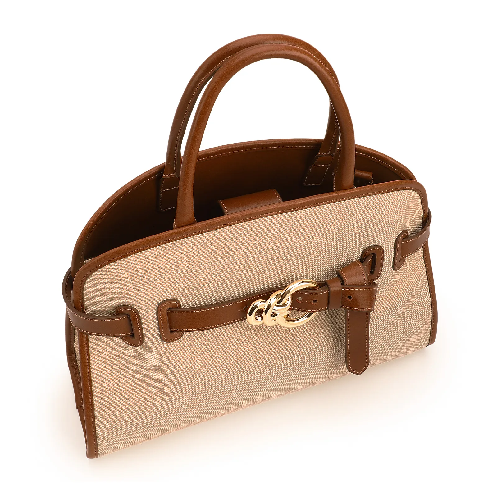 Bolsa Tote Grande Linho Bege Couro Marrom Claro Fivela Dourada