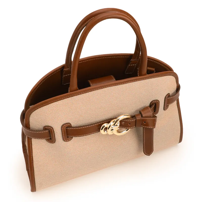 Bolsa Tote Grande Linho Bege Couro Marrom Claro Fivela Dourada - foto 4