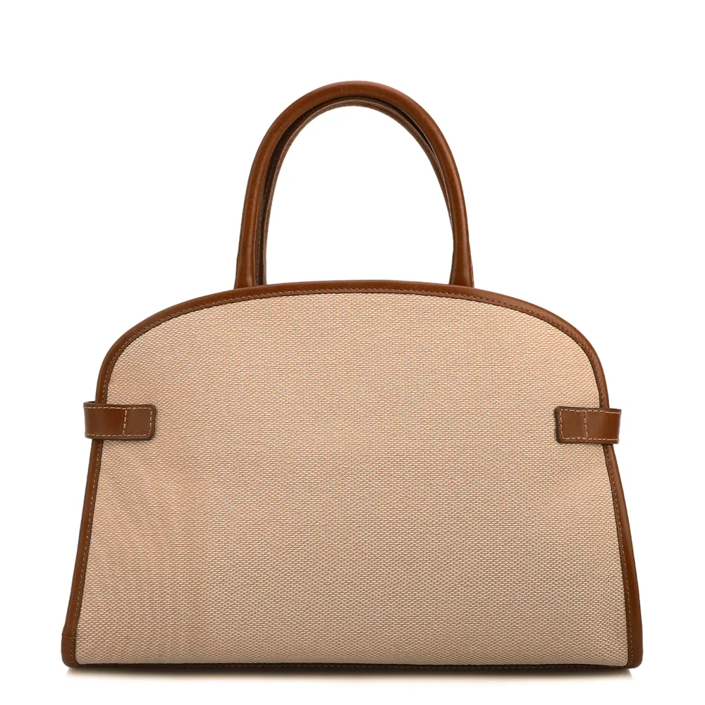 Bolsa Tote Grande Linho Bege Couro Marrom Claro Fivela Dourada - imagem 3
