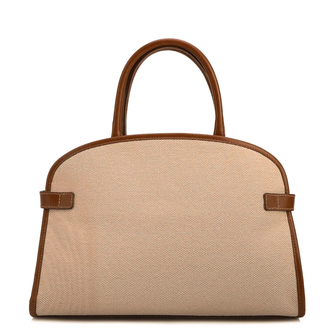 Bolsa Tote Grande Linho Bege Couro Marrom Claro Fivela Dourada - foto 3