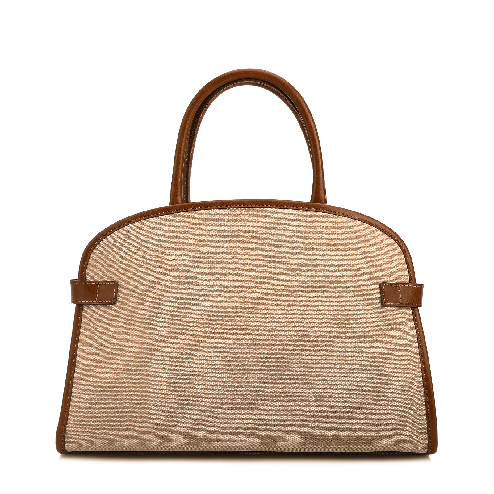 Bolsa Tote Grande Linho Bege Couro Marrom Claro Fivela Dourada