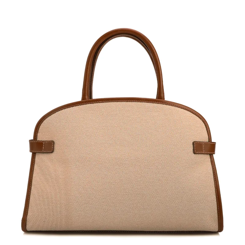 Bolsa Tote Grande Linho Bege Couro Marrom Claro Fivela Dourada - foto 3