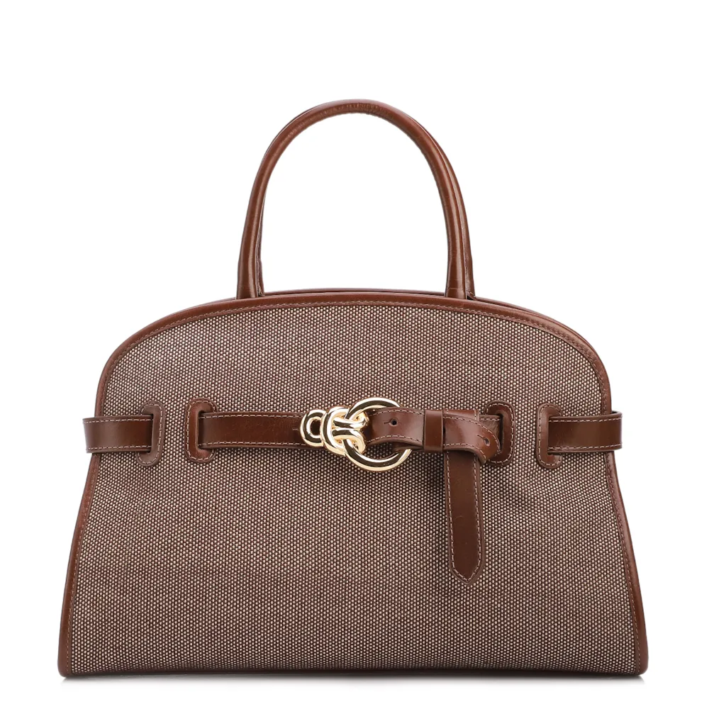 Bolsa Tote Grande Linho/Couro Marrom Fivela Dourada