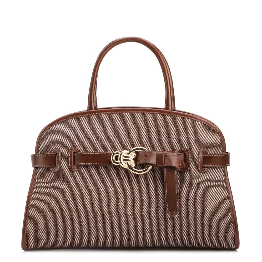Bolsa Tote Grande Linho/Couro Marrom Fivela Dourada