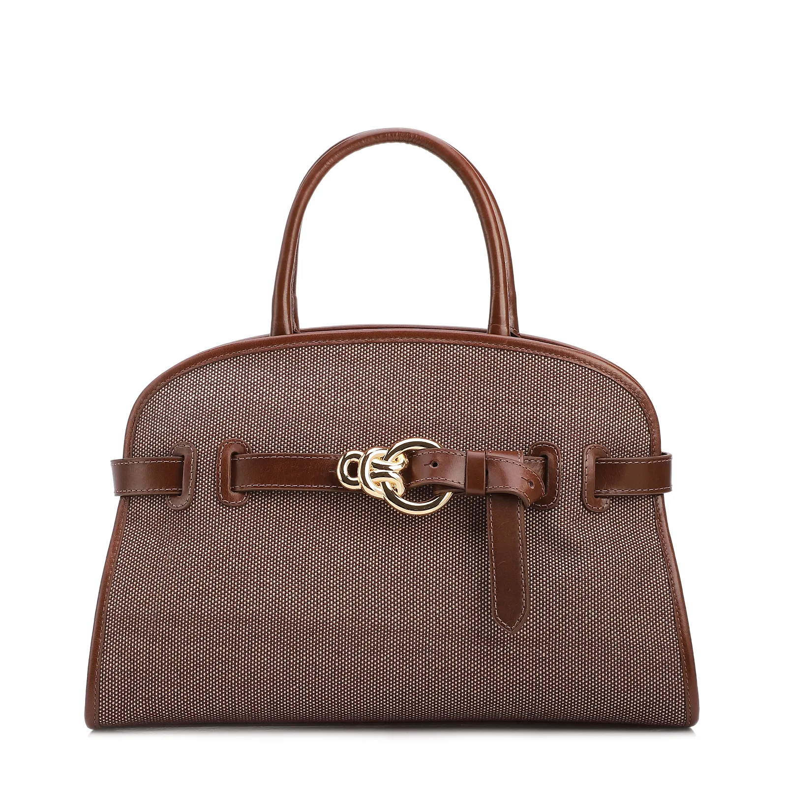 Bolsa Tote Grande Linho/Couro Marrom Fivela Dourada