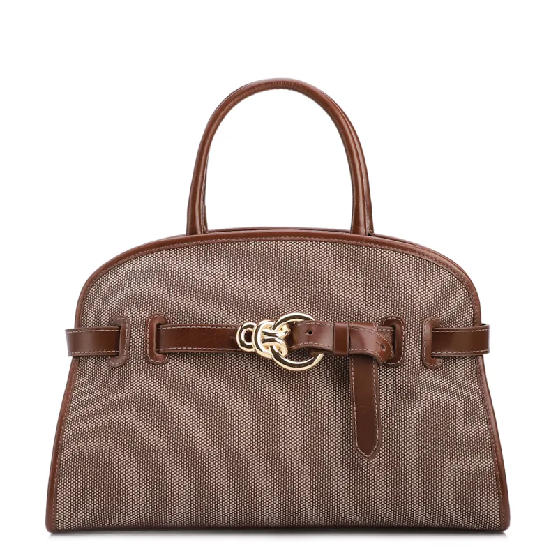Bolsa Tote Grande Linho/Couro Marrom Fivela Dourada