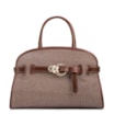 Bolsa Tote Grande Linho/Couro Marrom Fivela Dourada - imagem 1