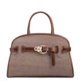 Bolsa Tote Grande Linho/Couro Marrom Fivela Dourada