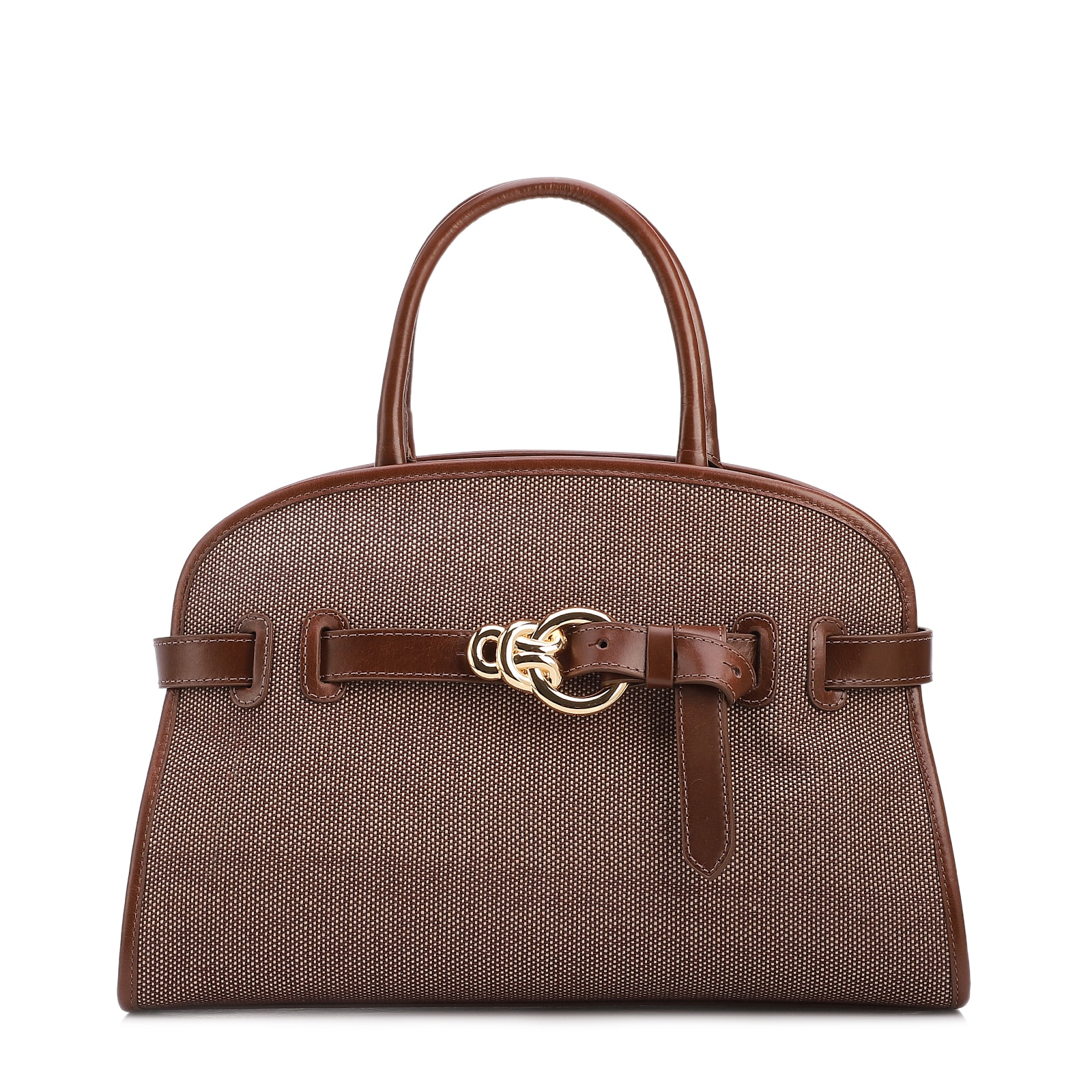 Bolsa Tote Grande Linho/Couro Marrom Fivela Dourada
