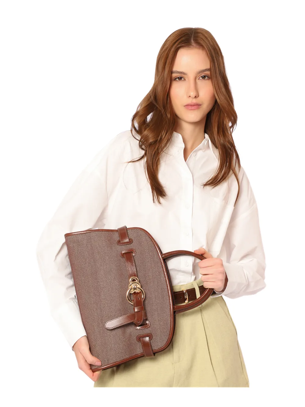 Bolsa Tote Grande Linho/Couro Marrom Fivela Dourada - imagem 2