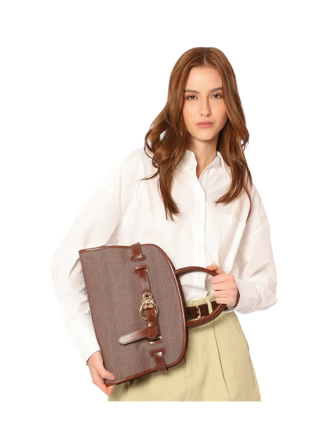 Bolsa Tote Grande Linho/Couro Marrom Fivela Dourada - foto 2