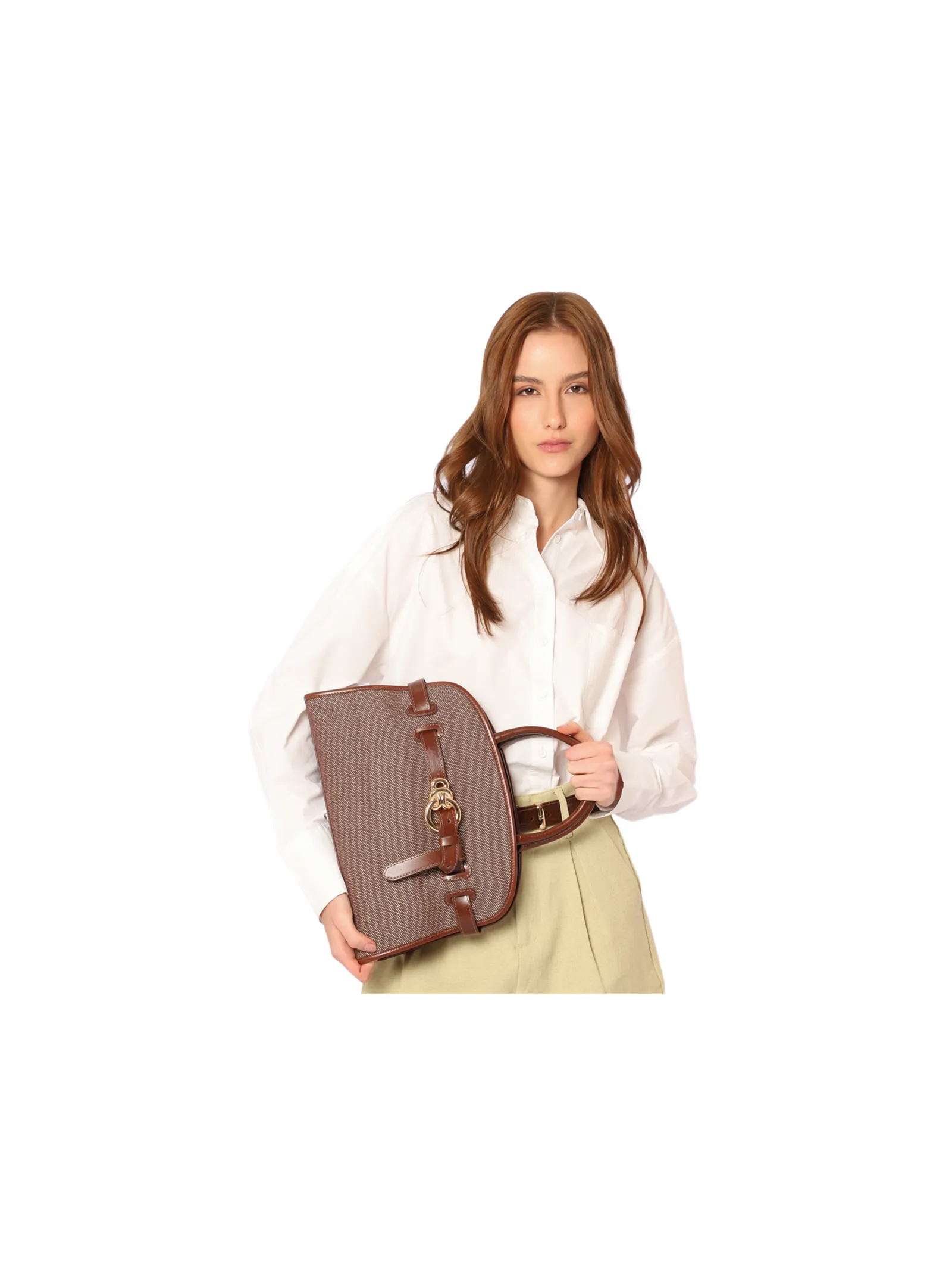 Bolsa Tote Grande Linho/Couro Marrom Fivela Dourada