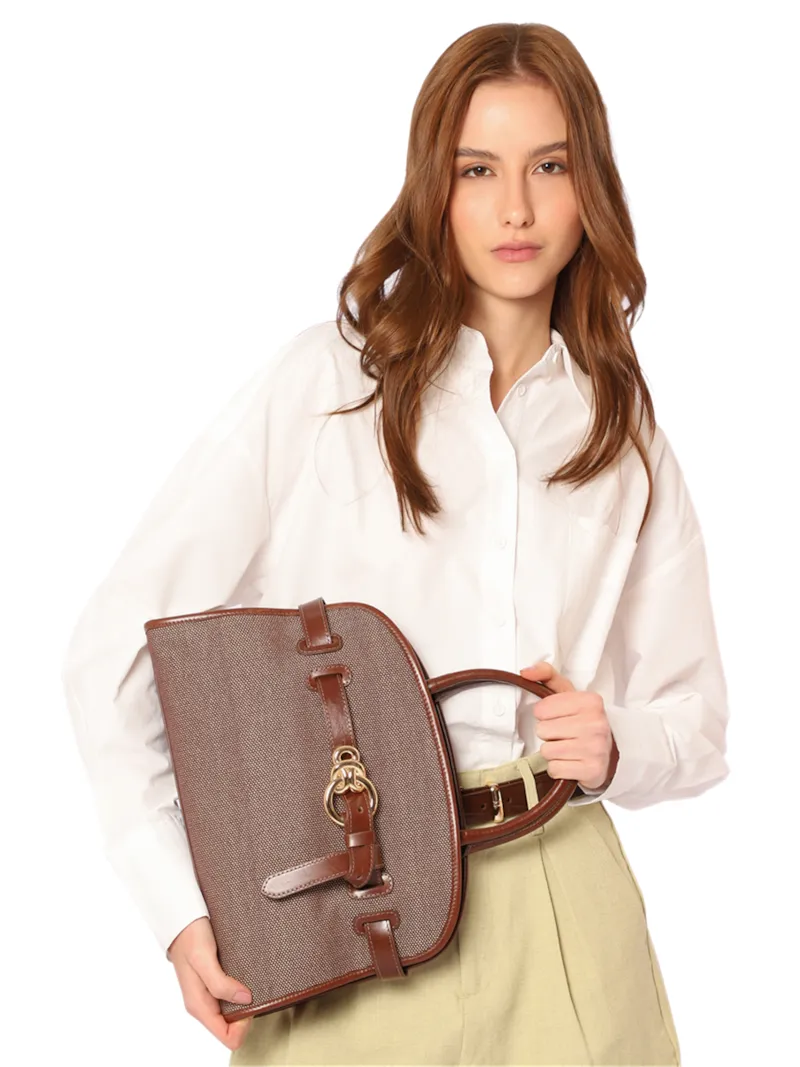 Bolsa Tote Grande Linho/Couro Marrom Fivela Dourada - foto 2