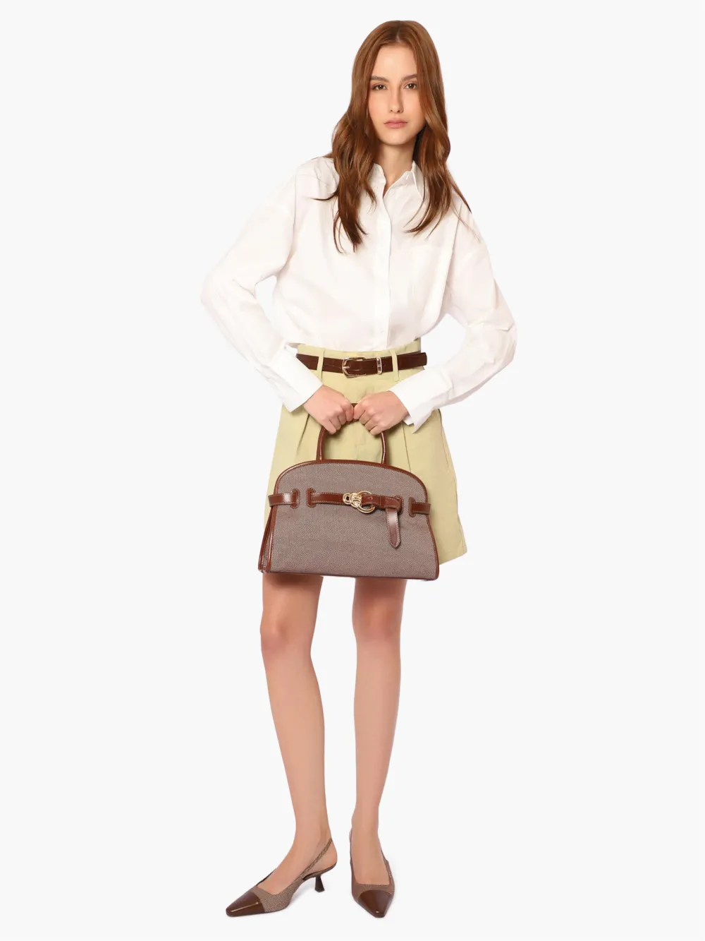 Bolsa Tote Grande Linho/Couro Marrom Fivela Dourada - imagem 7