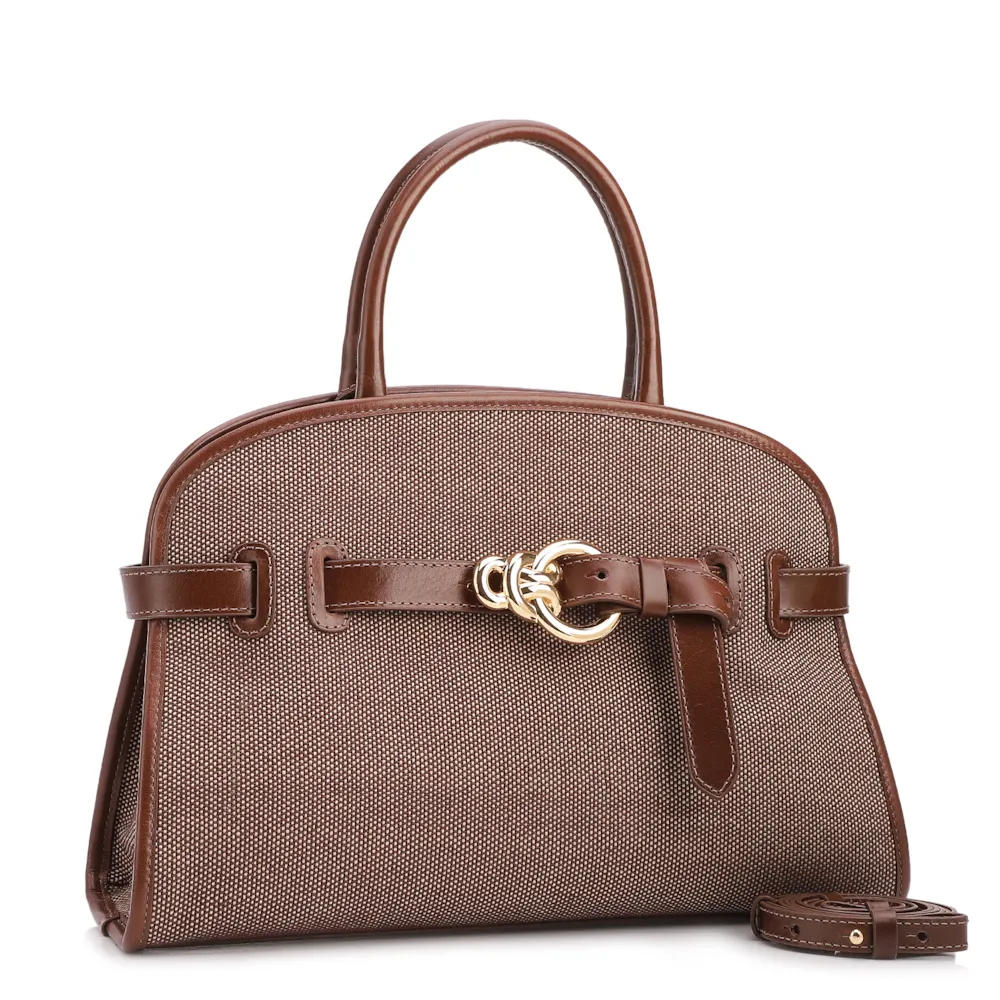 Bolsa Tote Grande Linho/Couro Marrom Fivela Dourada - imagem 2
