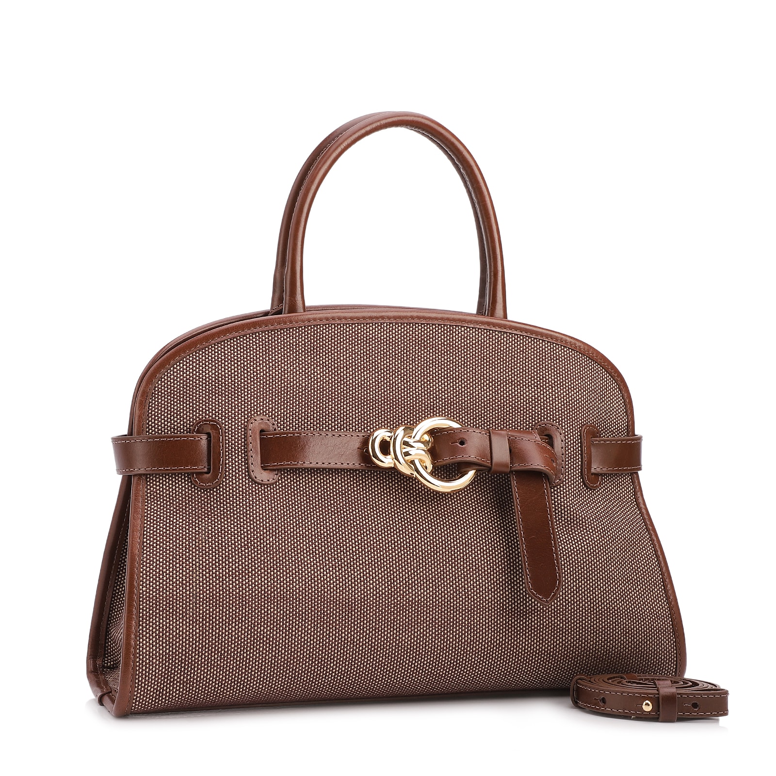 Bolsa Tote Grande Linho/Couro Marrom Fivela Dourada